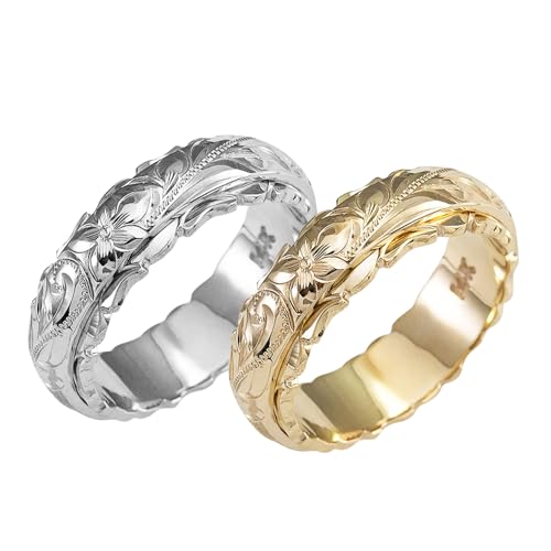 XFSRG Hawaiianischer Gravur Ring Set Zweifarbige Kupferringe in Gold und Silber mit Blütentotem Vintage Partner Ringe Schmuck Set für Damen (Umfang 51,8 mm) von XFSRG