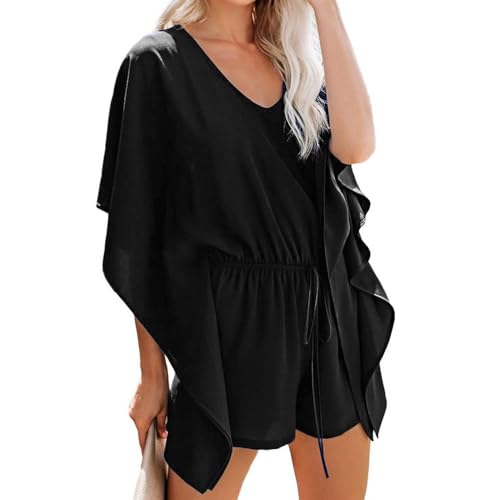 XFSRG Jumpsuit Damen Sommer Kurz Vausschnitt Flügelärmel Onesie Elegant Hosenanzug Freizeit Romper Jumpsuite Kurzer Overall Einteiler Strand Outfit Schick Playsuit von XFSRG