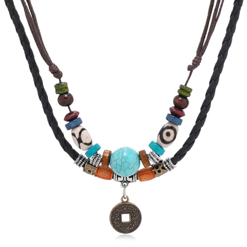XFSRG Kette Damen Layerd Boho Schmuck Lederkette Herren Anhänger Halskette Leder Surferkette Ancient Tribe Halskette Strand Hohlgewebe Ketten Y2K Stapelbare Ethno Kette Urlaub Heilstein Ketten von XFSRG