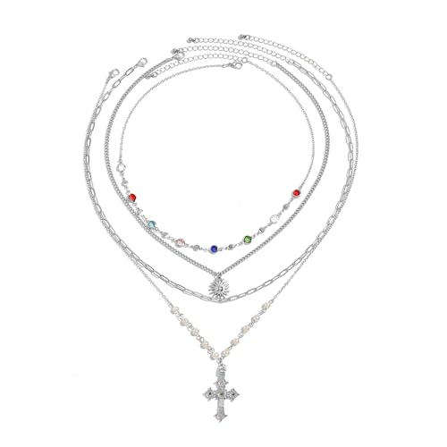 XFSRG Kette Damen Mehrschichtige Mit Kreuzanhänger Und Bunten Perlen Elegante Silberkette Für Frauen Modischer Schmuck(Silber) von XFSRG