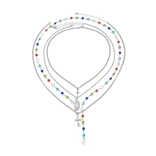 XFSRG Kette Damen Mehrschichtige Mit Kreuzanhänger Und Bunten Perlen Elegante Silberkette Für Frauen Modischer Schmuck(Silber) von XFSRG