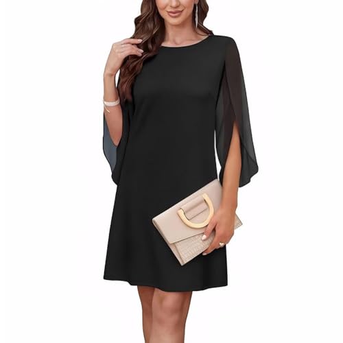 XFSRG Kleid Damen 3/4 Ärmel Chiffon Elegant Rundhals Midikleider Loose Fit A Linie Freizeitkleid Cocktailkleid Partykleid(Schwarz/L) von XFSRG