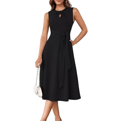 XFSRG Kleid Damen Ärmelloses Rundhalskleid A Linien mit Gürteltaschen Elegant Bodycon Midikleid Cocktailkleid Partykleid(Schwarz/M) von XFSRG