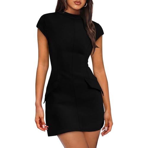 XFSRG Kleid Damen Elegant Kurze Ärmel Rundhals Sommerkleid Enges Kurzes Sexy Cocktailkleid Abendkleider Partykleid(Schwarz/S) von XFSRG