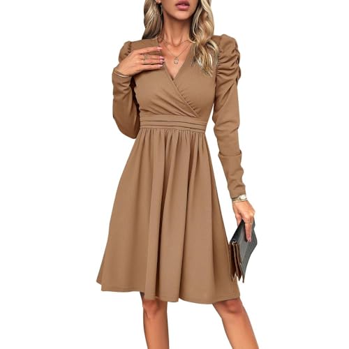 XFSRG Kleid Damen Langarm V Ausschnitt Blusekleid Elegant Freizeitkleid Locker Kleider Festliche Kleider für Hochzeit Vintage Cocktailkleid (Khaki/L) von XFSRG