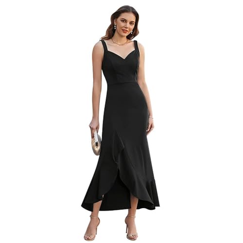 XFSRG Kleider Damen Sommer V Ausschnitt Ärmellose Kleid Schlitz Rüschensaum Lange Freizeitkleider Mode Elegant Asymmetrisch Wickelkleid Partykleider (Schwarz M) von XFSRG