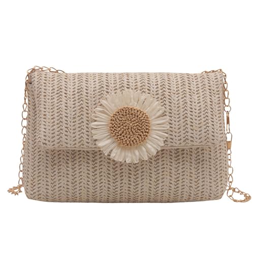 XFSRG Kleine Kettentasche Gewebte Handtasche Stroh Strandtasche Bohemian Woven Clutch Elegant Sommertaschen Bride Tasche Hochzeit Handtasche Straw Phone Bag Für Mädchen(Beige) von XFSRG