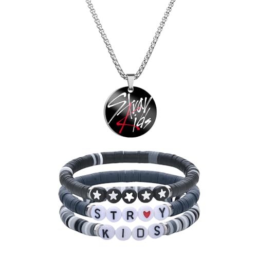 XFSRG Kpop Fan Schmuck Set Edelstahl Halskette mit Grafischem Anhänger und 3 Bunte Armbänder aus Polymer Clay Unisex Streetstyle Accessoire (Schwarz) von XFSRG