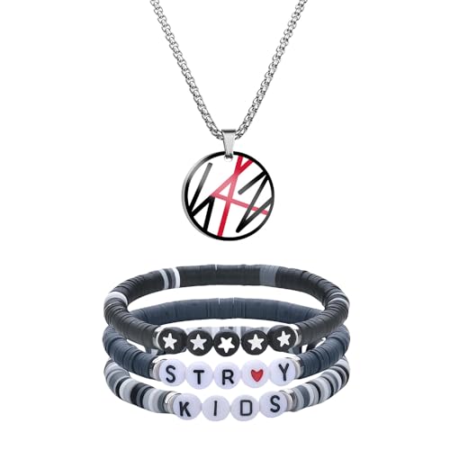 XFSRG Kpop Fan Schmuck Set Edelstahl Halskette mit Grafischem Anhänger und 3 Bunte Armbänder aus Polymer Clay Unisex Streetstyle Accessoire (Weiß) von XFSRG