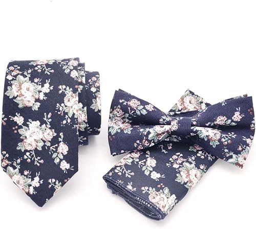 XFSRG Krawatten für Herren Set mit Blumenmuster Fliegen und Taschentuch Geeignet für Hochzeit Party Weihnachten Modisches Accessoire (Dunkelblau) von XFSRG