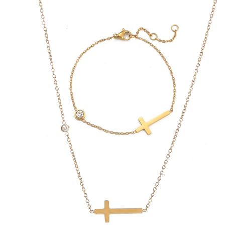 XFSRG Kreuz Schmuckset für Damen Vergoldet Halskette Armband Verstellbar Edelstahl Schmuck Set mit Zirkonia Geschenke für Mädchen Frauen von XFSRG