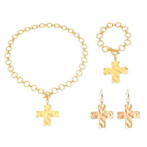 XFSRG Kreuz Schmucksets Damen Einstellbar Anhänger Halskette Ohrringe Armband Schmuck Set Hypoallergen Legierung Geschenk Muttertag für Frauen (Gold) von XFSRG