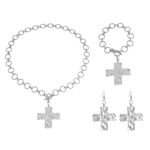 XFSRG Kreuz Schmucksets Damen Einstellbar Anhänger Halskette Ohrringe Armband Schmuck Set Hypoallergen Legierung Geschenk Muttertag für Frauen (Silber) von XFSRG