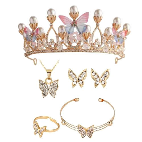 XFSRG Krone Damen Kristall Diadem Schmetterlingsperlen Crown mit Ohrringen Ringen Halsketten und Armbändern für Hochzeiten Jubiläen und Geburtstage (Rosa) von XFSRG