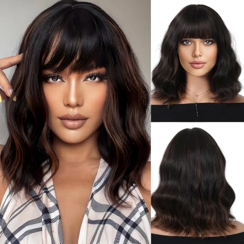 XFSRG Kurze Gewellte Bob Perücke mit Pony Damen Synthetische Gewöhnliche Flache Pony Bob Perücke für Frauen für Tägliche Party Cosplay 35 cm (Hellbraun) von XFSRG