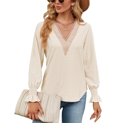 XFSRG Langarmshirt Damen Spitze V Ausschnitt Kragen Lose Relaxed Langarm Tshirt Top Elegant Jacquard Casual Shirts Basic (Aprikose/XL) von XFSRG