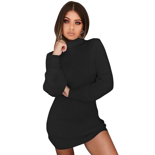 XFSRG Lange Ärmel Strickkleid Damen Elegant Rollkragen Pulloverkleid Casual Hohe Elastizität Langarm Minikleid Winterkleid(Schwarz/XL) von XFSRG