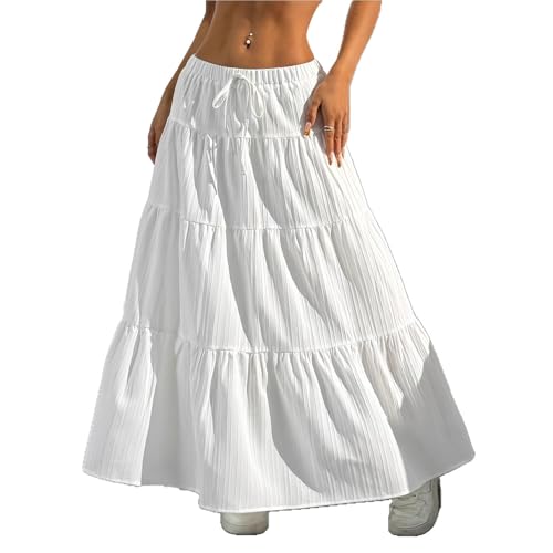 XFSRG Langer Rock Damen Sommer Hohe Taille Elastischer A Linie Elegant Lang Boho Maxirock Stufenrock Freizeitrock mit Kordelzug(Weiß/M) von XFSRG
