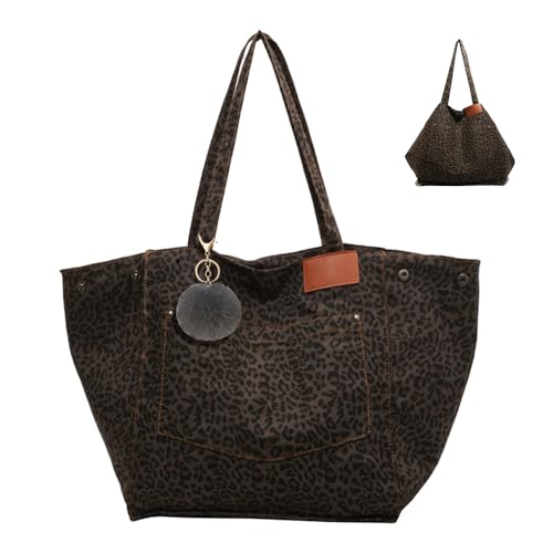 XFSRG Leoparden Tasche Damen Umhängetasche Modische Shoulder Bag Women mit Magnetverschluss Geräumige Tote Bag aus Verbundstoff inklusive Fellbommel Anhänger (Kaffee) von XFSRG