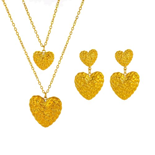 XFSRG Liebe Doppelschicht Schmuckset Glamour Anhänger Halskette Ohrringe Set füR Damen Und MäDchen Muttertags Valentinstag (Gold) von XFSRG