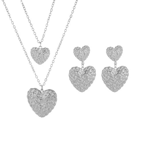 XFSRG Liebe Doppelschicht Schmuckset Glamour Anhänger Halskette Ohrringe Set füR Damen Und MäDchen Muttertags Valentinstag (Silber) von XFSRG