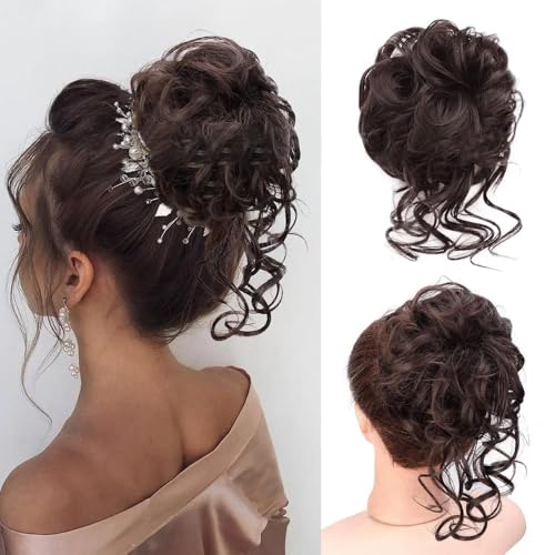 XFSRG Lockerer Dutt Haargummi mit Locken Haarteil mit Gummiband Voluminöser, unordentlicher Haarbun für Damen 10in 40g Synthetik Chignon（Braun） von XFSRG
