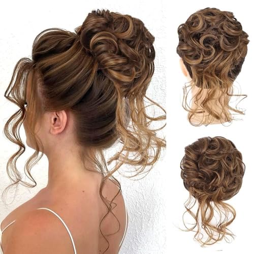 XFSRG Lockerer Dutt Haargummi mit Locken Haarteil mit Gummiband Voluminöser, unordentlicher Haarbun für Damen 10in 40g Synthetik Chignon（Gold #1） von XFSRG