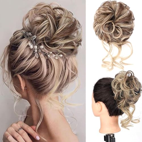 XFSRG Lockerer Dutt Haargummi mit Locken Haarteil mit Gummiband Voluminöser, unordentlicher Haarbun für Damen 10in 40g Synthetik Chignon（Hellgold #1） von XFSRG