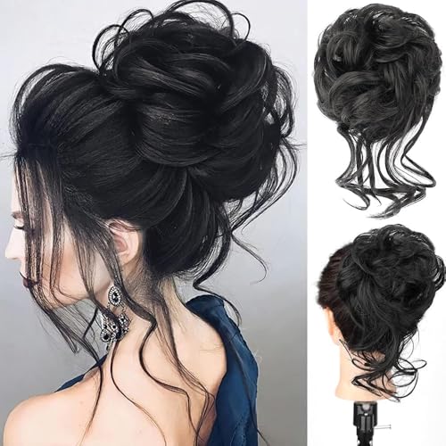 XFSRG Lockerer Dutt Haargummi mit Locken Haarteil mit Gummiband Voluminöser, unordentlicher Haarbun für Damen 10in 40g Synthetik Chignon（Schwarz） von XFSRG
