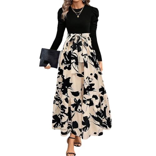 XFSRG Maxikleid Damen Langarm Rundhalsausschnitt Blumen Maxilang Kleid Rüschen Hohe Taille Langes Lockeres Bodenlanger Freizeitkleid(Beige/Langärmel-L) von XFSRG