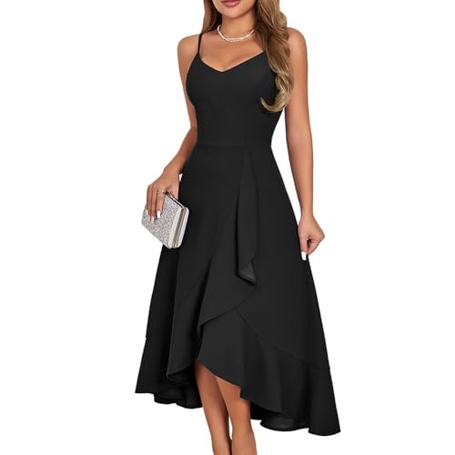 XFSRG Maxikleid Damen Neckholder Spaghetti Elegant Kleid Knielang Rüschensaum Sommerkleid Hochzeit Partykleid Cocktailkleid(Schwarz/L) von XFSRG
