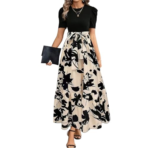 XFSRG Maxikleid Damen Rundhalsausschnitt Kurzarm Blumen Maxilang Kleid Sommer Rüschen Hohe Taille Langes Lockeres Bodenlanger Freizeitkleid(Beige/S) von XFSRG