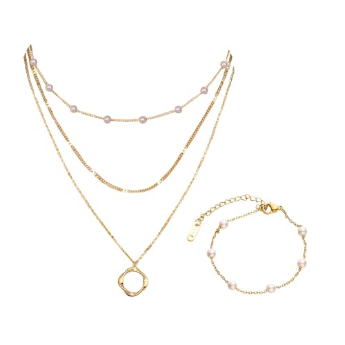 XFSRG Mehrlagige 14K Vergoldete Halskette mit Offenem Kreis Anhänger und Perlen Armband Schmucksets für Damen Vielseitig Perlen Schmuck (Gold-2) von XFSRG