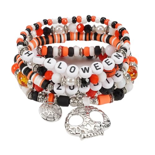 XFSRG Mehrlagiges Halloween Perlenarmband Set Elastisches Halloween Armband mit Schädel Anhängern Gothic Party Schmuck für Damen von XFSRG