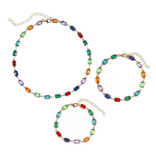 XFSRG Modeschmuck Set Buntes Kristall Schmuckset Halskette und Armband für Damen Elegantes Brautschmuck Set für Partys und Hochzeiten von XFSRG