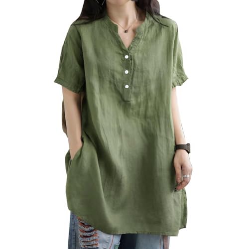 XFSRG Musselin Damen Bluse V Ausschnitt Tunika Shirt Leinenbluse Oberteil Sommer Knopfleiste Bluse Locker Große Größen Kurzarm Bügelfrei Longbluse Elegant Blusenshirt(Grün/XXL) von XFSRG