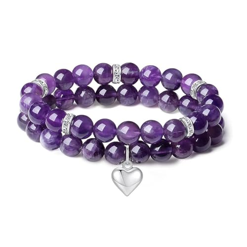 XFSRG Naturstein Perlenarmband Damen, 2 Stück Heilsteine Elastische Edelstein Armbänder Yoga Armbänder Perlen Anti Belastungen Armband für Freundin Schwester(Lila) von XFSRG