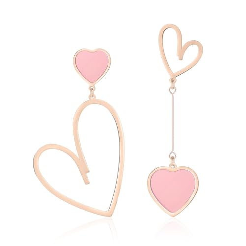 XFSRG Ohrringe Damen Mädchen Asymmetrische Herzform Ohrstecker Gold Hängend Creolen Schmuck für Alltag und Partys (Rosa) von XFSRG