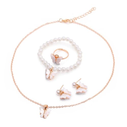 XFSRG Schmuck Set Damen Schmetterling Design Ohrringe Halskette Armband Ring Zinklegierung Eleganter Stil für Alltag und Anlässe (Weiß) von XFSRG