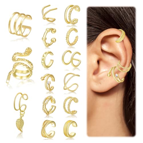 XFSRG Ohrringe Set ohne Ohrloch Ear Cuff Set mit C-Form, Schlangen- & Stern-Design, vergoldete Optik & funkelnde Strasssteine, bequem & stylisch von XFSRG