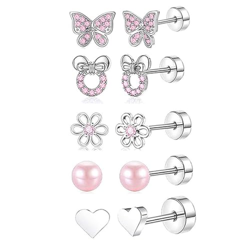 XFSRG Ohrringe Set Mädchen Ohrstecker Silber 925 Kinder Clip Ohrringe Exquisite Designs für Jeden Anlass (Rosa) von XFSRG