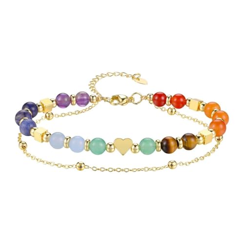 XFSRG Perlen Armband für Damen 6MM Naturstein Armbänder Edelstahl Verstellbare Perlenarmbänder Boho Schmuck Bracelet (Mehrfarbig) von XFSRG