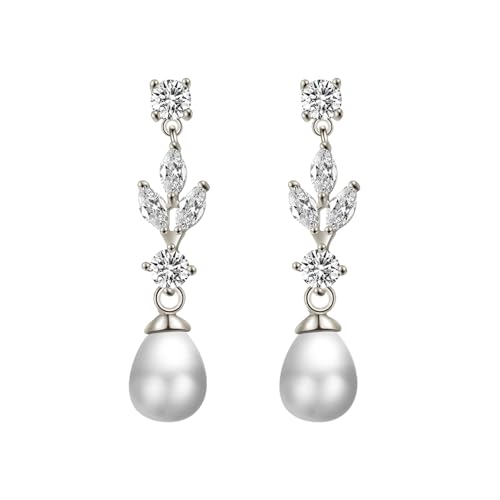 XFSRG Perlen Zirkonia Ohrringe mit Blatt Design Tropfenförmige Weiße Perle und Funkelnde Zirkonia Eleganter Ohrschmuck für Alltag und Festliche Anlässe (Silber) von XFSRG