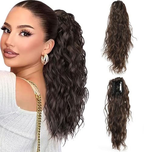 XFSRG Pferdeschwanz Haarteil mit Klammer Lange Wellig Lockig Zopf Extensions Natürliche Synthetik Claw Clip in Haarteil Ponytail für Damen 45cm（Braun） von XFSRG