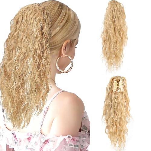 XFSRG Pferdeschwanz Haarteil mit Klammer Lange Wellig Lockig Zopf Extensions Natürliche Synthetik Claw Clip in Haarteil Ponytail für Damen 45cm（Gold） von XFSRG