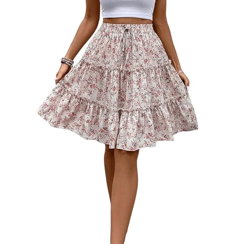 XFSRG Rock Damen Sommer Blumen Boho Plissee Kurz A Linie Hoher Taille Elegante Elasticher Minirock Freizeitrock(Weiß/L) von XFSRG