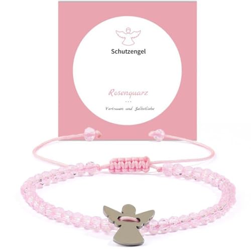 XFSRG Rosenquarz Armband Mädchen mit Schutzengel Charm Handgefertigtes Freundschaftsarmband Kinder aus Hochwertigem Material für Jeden Anlass (Rosa) von XFSRG