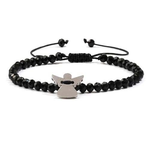 XFSRG Rosenquarz Armband Mädchen mit Schutzengel Charm Handgefertigtes Freundschaftsarmband Kinder aus Hochwertigem Material für Jeden Anlass (Schwarz) von XFSRG