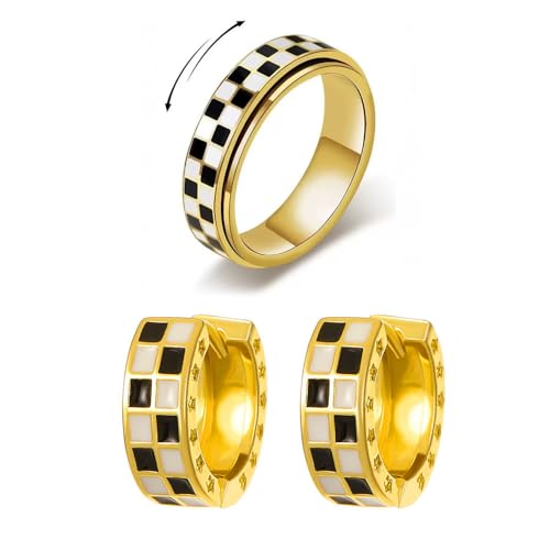 XFSRG Schachbrett Schmuckset für Damen Schwarzer Weißer Ring Aus Edelstahl und Hypoallergene Huggie Ohrringe für Den Täglichen Gebrauch Partys Oder Als Geschenk (Gold-2) von XFSRG