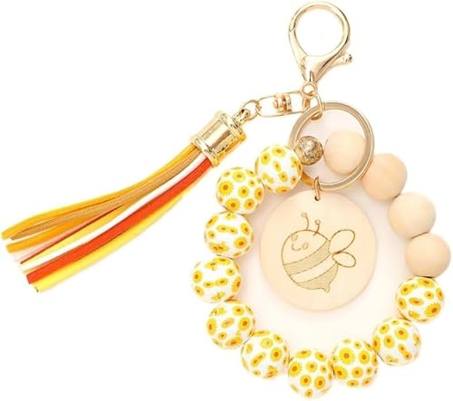 XFSRG TTPSRY Kaktus Armband Schlüsselanhänger mit Quaste Holzperlen Blumenmuster Anhänger Taschenanhänger Handtaschenanhänger Karabinerhaken von XFSRG
